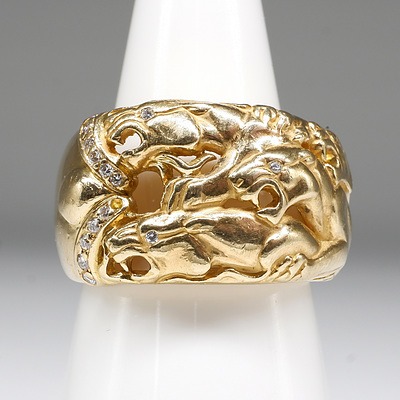 18ct Yellow Gold Ring with Four Engraved Panthers and Fifteen Round Brilliant Cut Diamonds, 11.75g