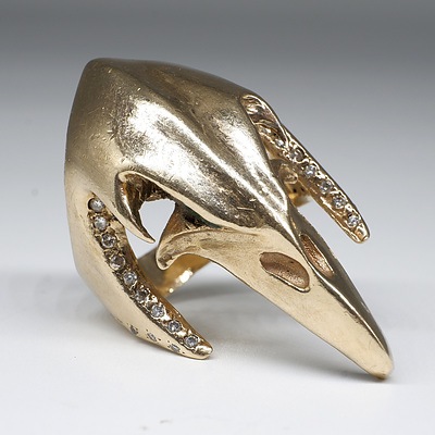 9ct Yellow Gold Eagle Skull Ring with Marquise Emerald Eyes and Round Brilliant Cut Diamonds, 35.2g