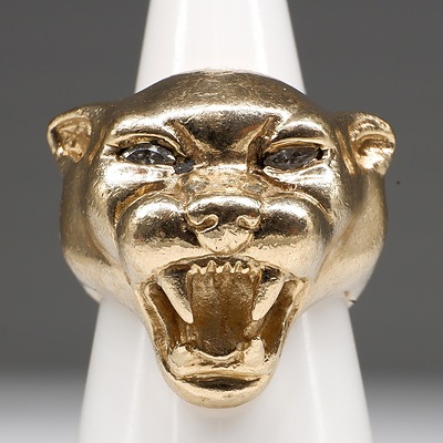 9ct Yellow Gold Panther Head Ring with Marquise Shaped Diamonds as Eyes, 43.8g