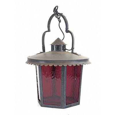Vintage Hand Wrought Metal and Red Stained Glass Lantern, Electrified