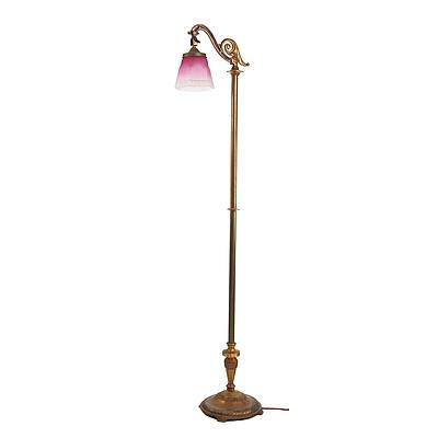 Edwardian Brass Floor Lamp with Etched Ruby Glass Shade