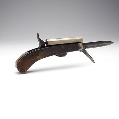 Mid 19th Century Urwin and Rodgers Muzzle Loading Double Blade Knife Pistol with Horn Handle