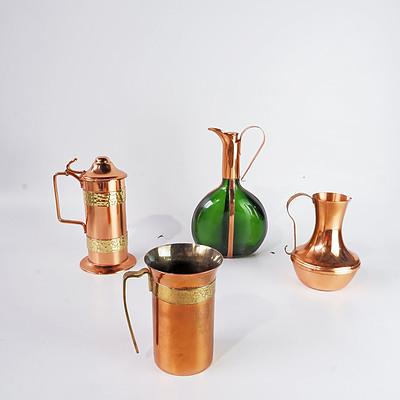 Four Copper Items Including Green Glass Flagon with Hammered Brass Bands, Rhodesian Copper Stein and More