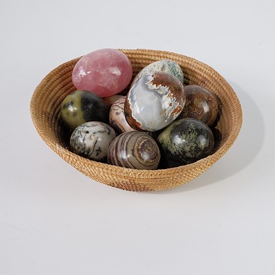 Basket of Nine Turned Semi-Precious Stone Eggs