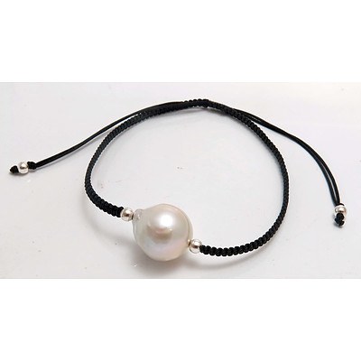 Large Cultured Pearl Bracelet, Black Adjustable Strap