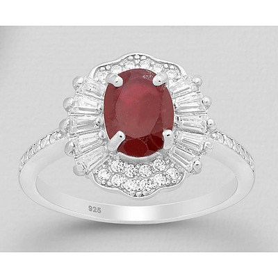 Sterling Silver Ruby & Cz Ballerina Style Ring