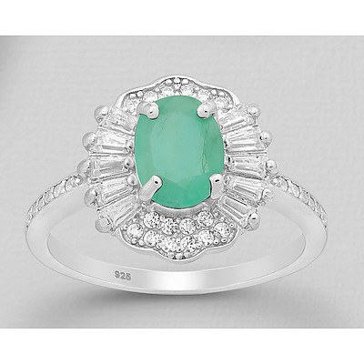Sterling Silver Emerald & Cz Ballerina Style Ring
