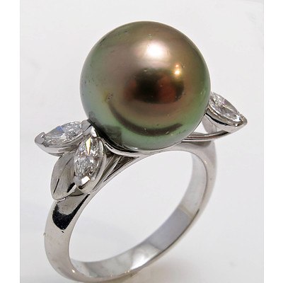 High Quality Spectacular Tahitian Pearl & Diamond Ring