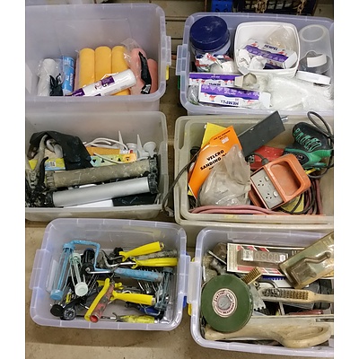 Six Plastic Tubs of Various Tools and Hardware