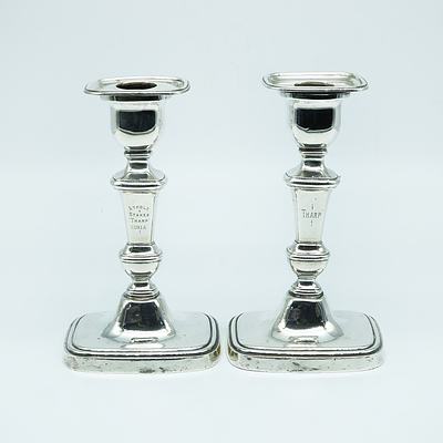 Pair Edwardian Inscribed Weighted Silver Candle Sticks by Hardy Brothers, Sheffield, 1912