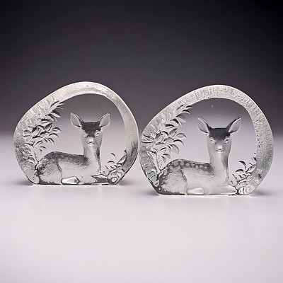 Pair of Signed Mats Jonasson Swedish Lead Crystal Paperweights, Fawn (Model 0283)