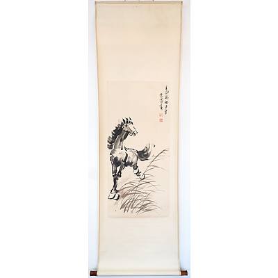 Chinese Reproduction Scroll Painting of a Galloping Horse (after Xu Beihong), Ink on Paper
