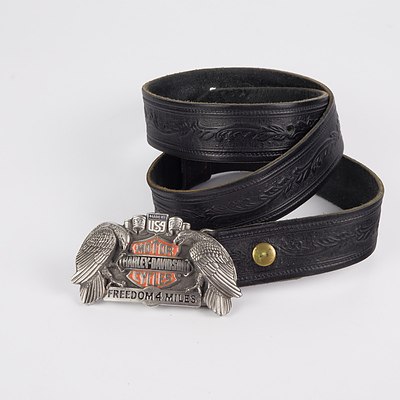 Tooled leather Belt with Harley Davidson Metal Belt Buckle