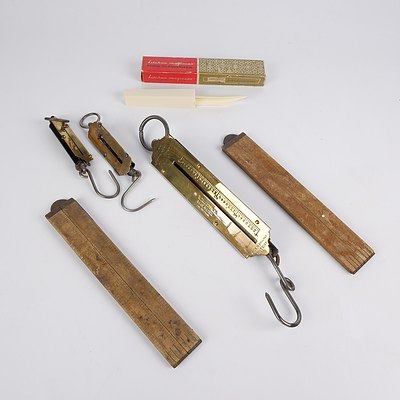 Three Vintage Balance Scales, Two Wooden Folding Rules and Food Glamorizer