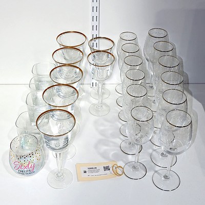 23 Mixed Glasses Including Six Small and Six Large Acid Etched Wine Glasses, Four Tumblers and More