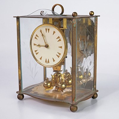 Brass German Mantle Clock with Etched Glass Panels and Torsion Pendulum
