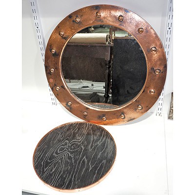 Wrought Copper Clad Mirror and a Copper Rimmed Wood Tray