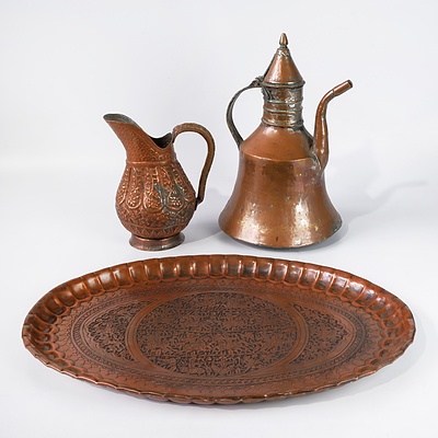 Three Pieces of Indo Persian Hand Beaten and Decorated Copper Items Including Jug,Tray and More