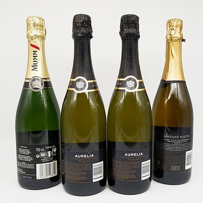 Group of Four Sparkling Wine/Champagne 750ml Bottles Including Aurelia Chardonnay Pinot Noir, G.H.Mumm Bruth Champagne and More