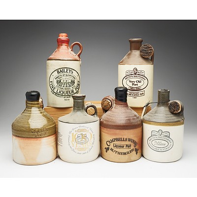 Group of Six Port Stoneware Decanters Including Brown Brothers, Campbell's Wines and Baileys of Glenrowan