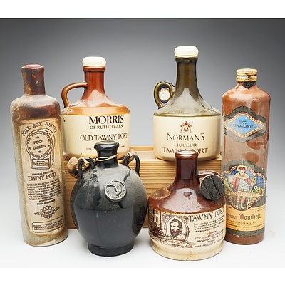 Group of Six Various 750ml Port and Wine Stoneware Decanters