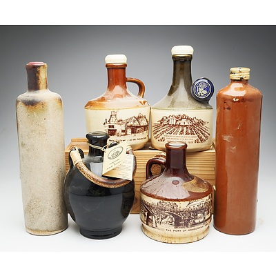 Group of Six Various 750ml Port and Wine Stoneware Decanters