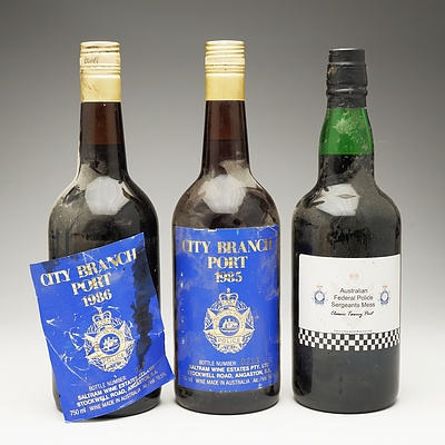 Two Bottles of City Brand Port 750ml and One Bottle of Australian Federal Police Sergeants Mess Classic Tawny Port 750ml