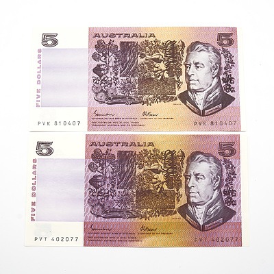 Two Australian Johnston/ Fraser $5 Notes PVK810407 and PVT402077