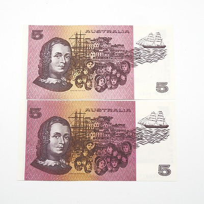 Two Australian Johnston/ Fraser $5 Notes PVK810407 and PVT402077