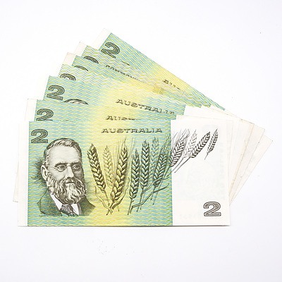 Seven Australian $2 Notes, Knight/Stone, Johnston/ Fraser and Phillips/ Randall