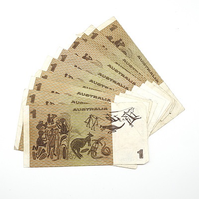 Ten Australian $1 Notes, Johnston/ Stone, Knight/ Wheeler and Knight/Stone
