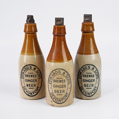 Three Antique Edwards & Sons, Davenport, Clay Ginger Beer Bottles by  Bendigo Pottery  with Stoppers