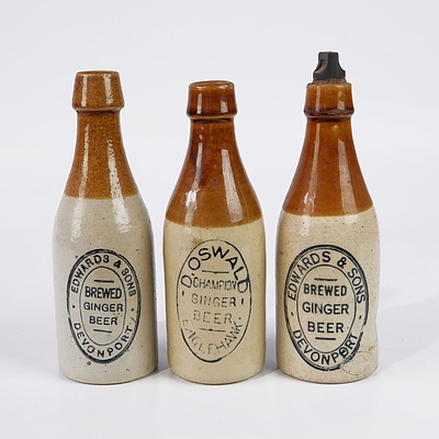 Two Antique Edwards & Sons, Davenport, Clay Ginger Beer Bottles by  Bendigo Pottery and One Oswalds, Eaglehawk, Ginger Beer Bottle