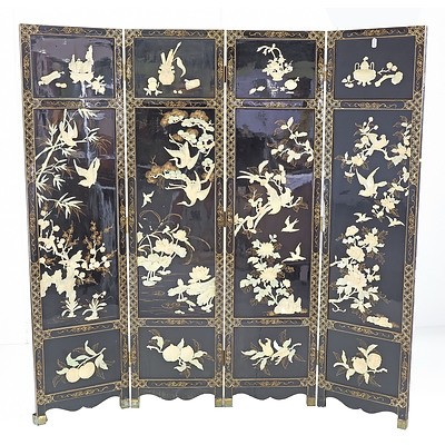 Lacquered Japanese Fourfold Screen with Shell Decoration