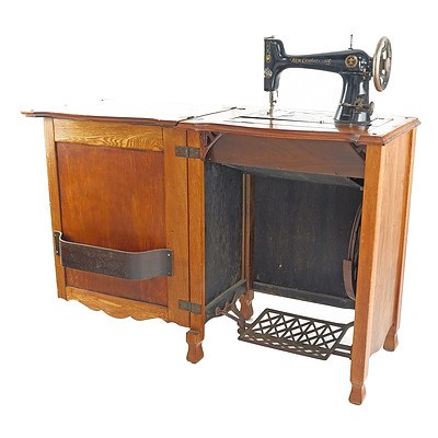 Vintage Oak Sewing Machine Cabinet with New Century Ace Sewing Machine