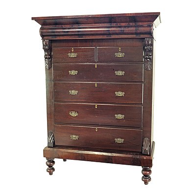 Large Late Victorian Scottish Flame Mahogany Veneered Chest with Glove Drawer, Late 19th Century