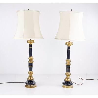 Pair of Substantial Vintage Cast Brass and Marble Oriental Table Lamps