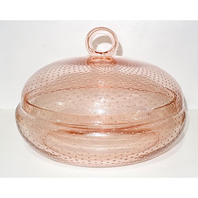 Unusual Air Bubble Decorated Pink Glass Covered Bowl, Possibly French