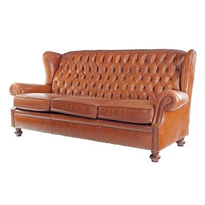 Tan Leather Upholstered Three-Seater Chesterfield Wingback Lounge