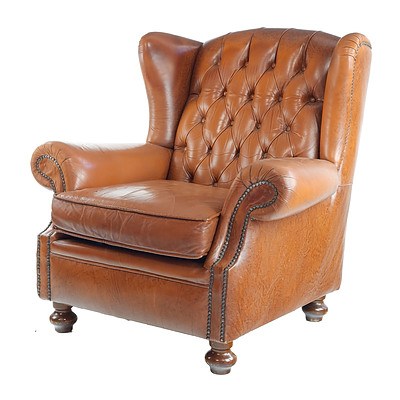 Tan Leather Upholstered Chesterfield Wingback Armchair