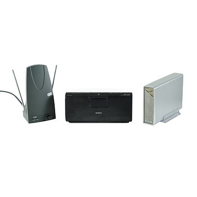 Sony Dvd/Cd External Drive Model DRX-840U, Together With A Sony Xdr-Ds21Bt Clock Radio, and DSE Television Antenna