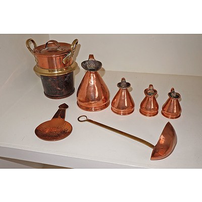 Collection of Antique and Vintage Copper Ware, Including Small Copper Warming Dish, Four Graduating Measures and Two Ladles