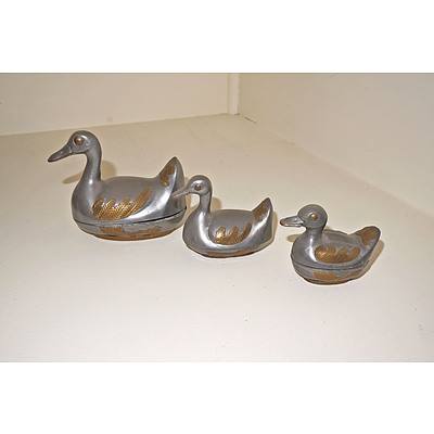 Three Graduated Pewter Duck Form Trinket Boxes