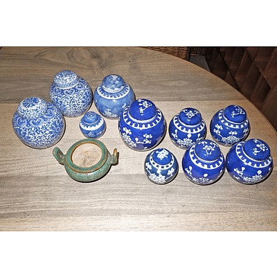 Various Contemporary Chinese Small Blue and White Ginger Jars and Green Glaze Censor