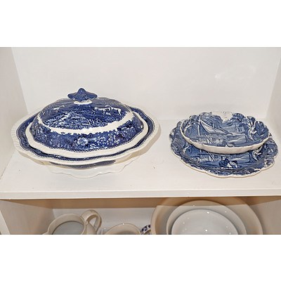 Adams English Scenic Blue and White Tureen and Two Old Foley Dishes