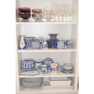 Various Blue and White Porcelain, Retro Purple Glass Footed Bowls and More