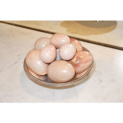 Silver Plated Bowl with Collection of Carved and Polished Marble Eggs