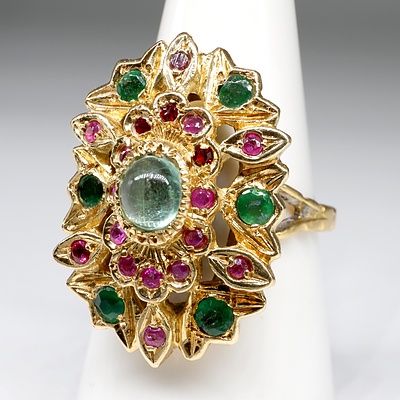18ct Yellow Gold Emerald and Ruby Dress Ring, 14.4g