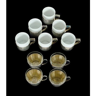 Ten Various Austrian Silver Plated Coffee Cup Holders With Glass and Ceramic Liners (10)
