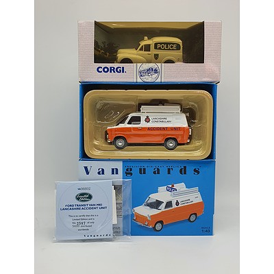 Vanguards & Corgi - Morris Minor & Ford Transit MK1 Police Cars 1:43 Scale Model Cars - Lot of 2